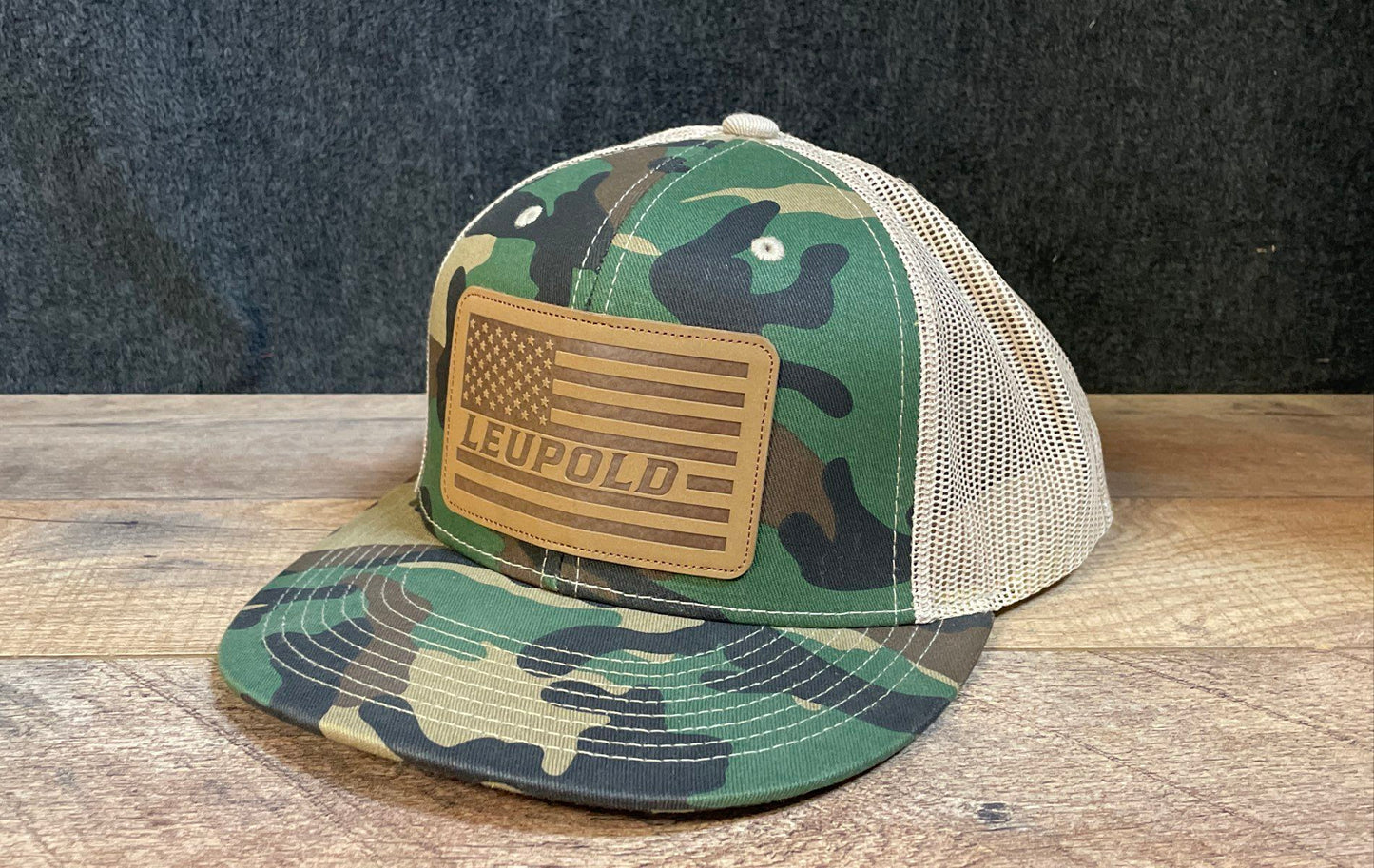Leupold Men's Camouflage Trucker Hat Tan Mesh Snapback Leather Patch Flat Brim