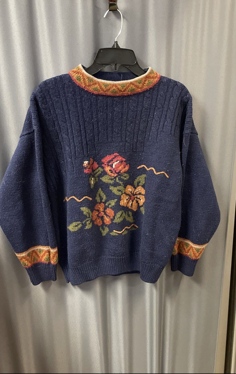 Vintage 90s Together! Blue Floral Cable Knit Wool Blend Sweater Sz M