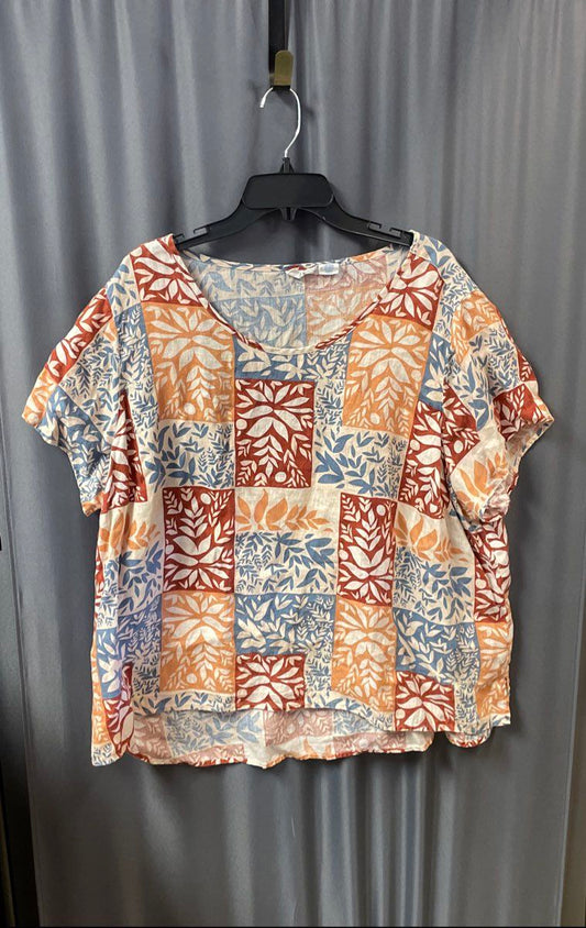 Vintage Sigrid Olsen Women's Multicolor Leaf Block Print 100% Linen Top Sz 2X