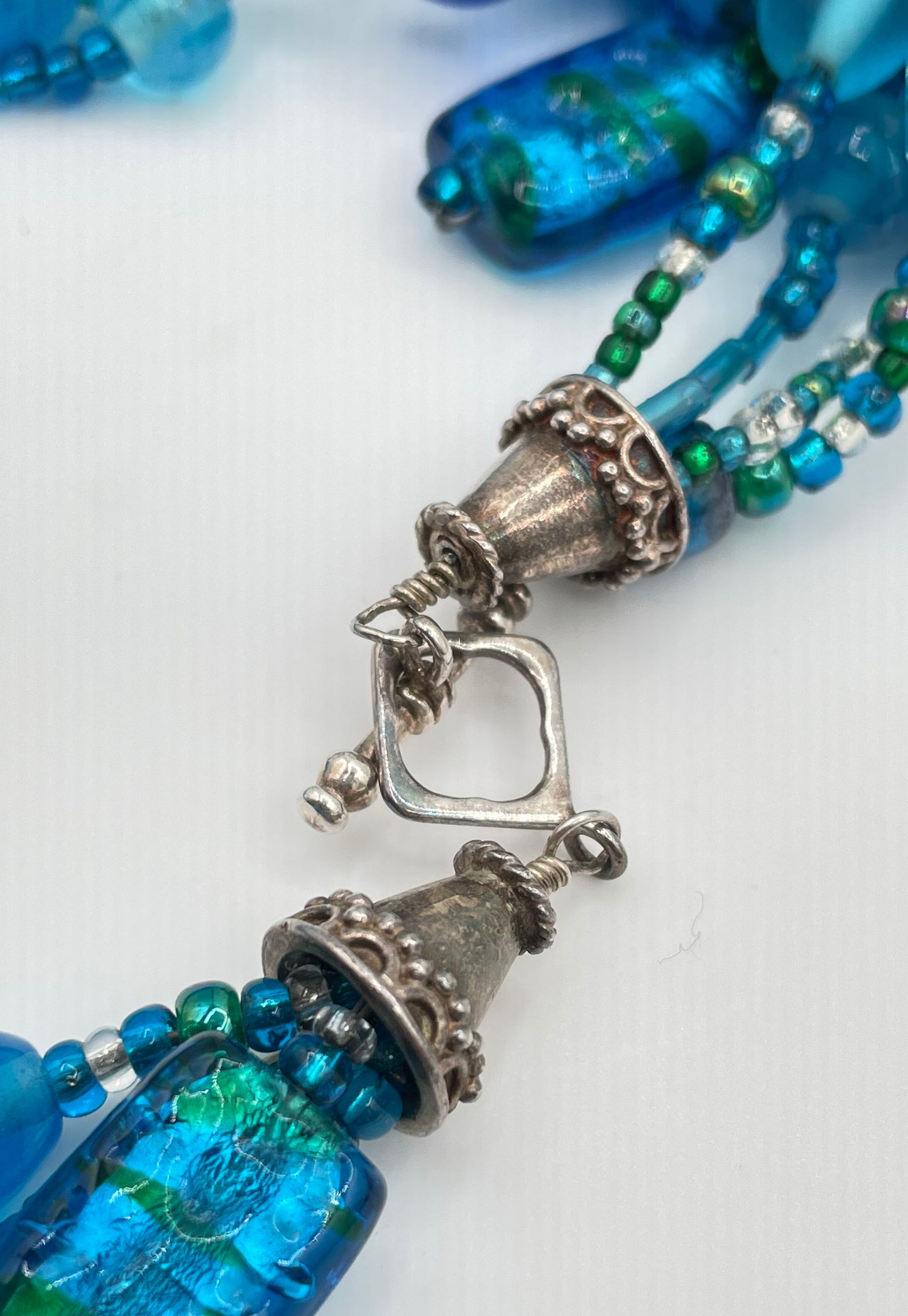 925 Clasp Blue Glass Bead Multi-Strand Chunky Necklace 106g