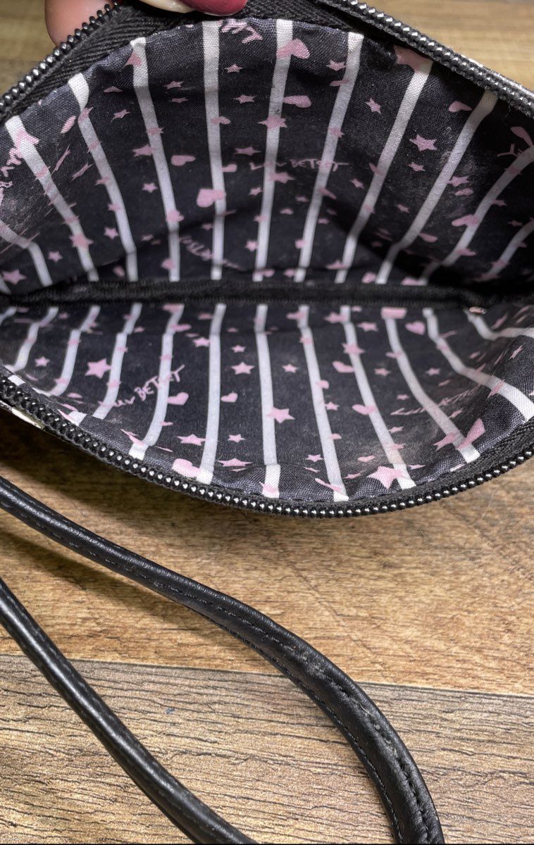 Betsey Johnson Luv Betsey Black White Striped Polka Dot Wristlet Pouch Gold Logo