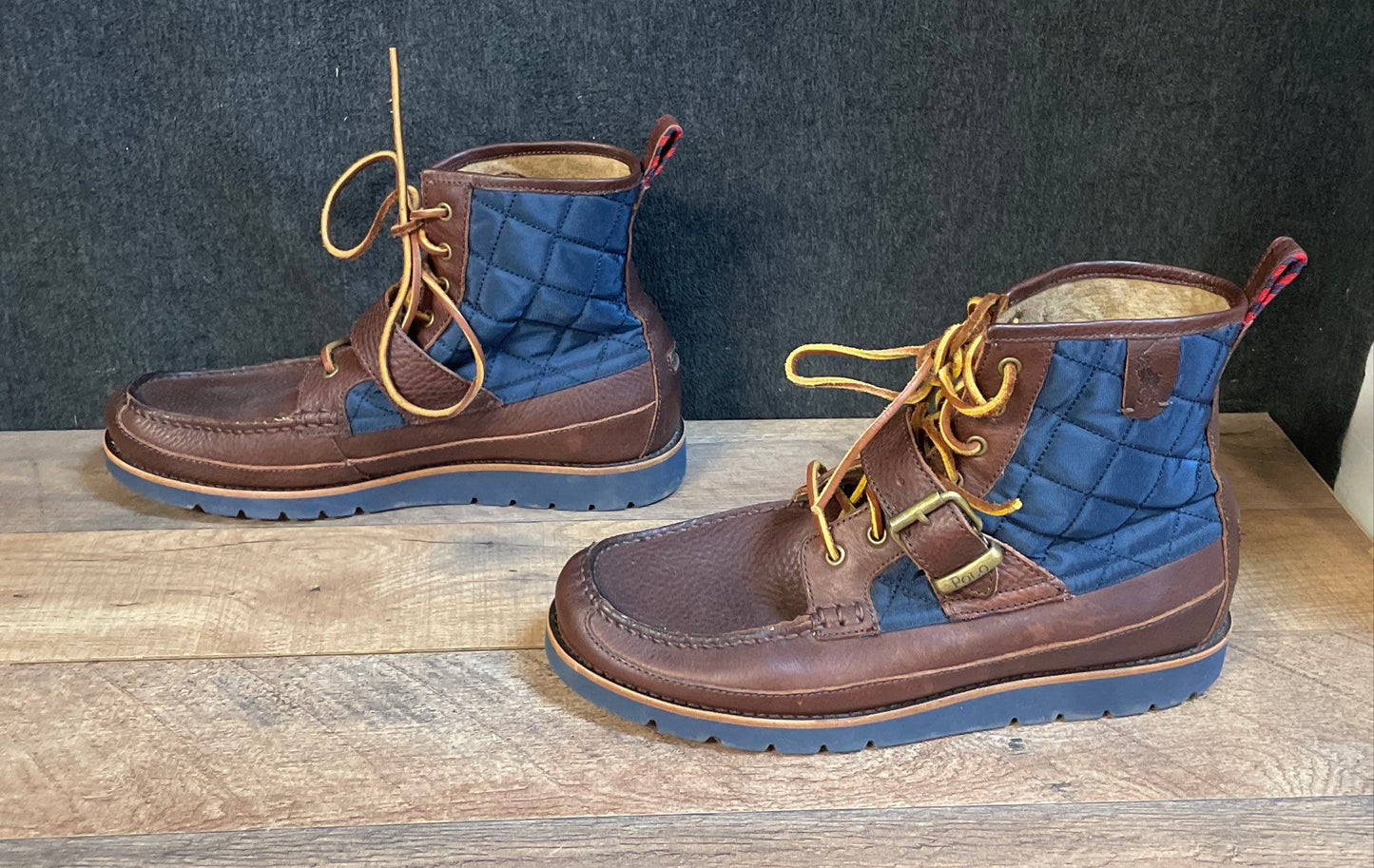Polo Ralph Lauren Saddle Worth III Brown Navy Quilted Leather Boots Size 10D