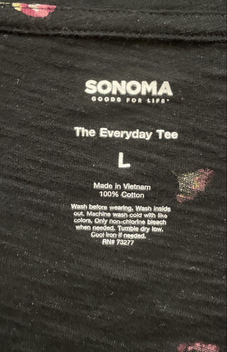 Sonoma Women's Black Pink Floral Everyday Tee Long Sleeve Cotton Shirt Sz L