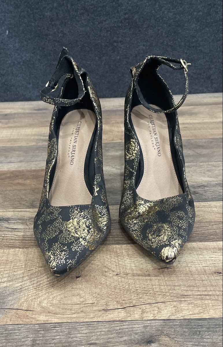 Christian Siriano for Payless Black Gold Floral Ankle Strap Pumps Size 7.5W