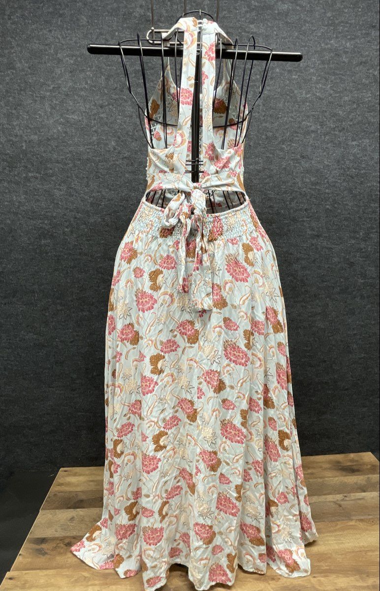 Women's Floral Halter Maxi Dress Blue Pink Crochet Trim Smocked Waist Tie Back