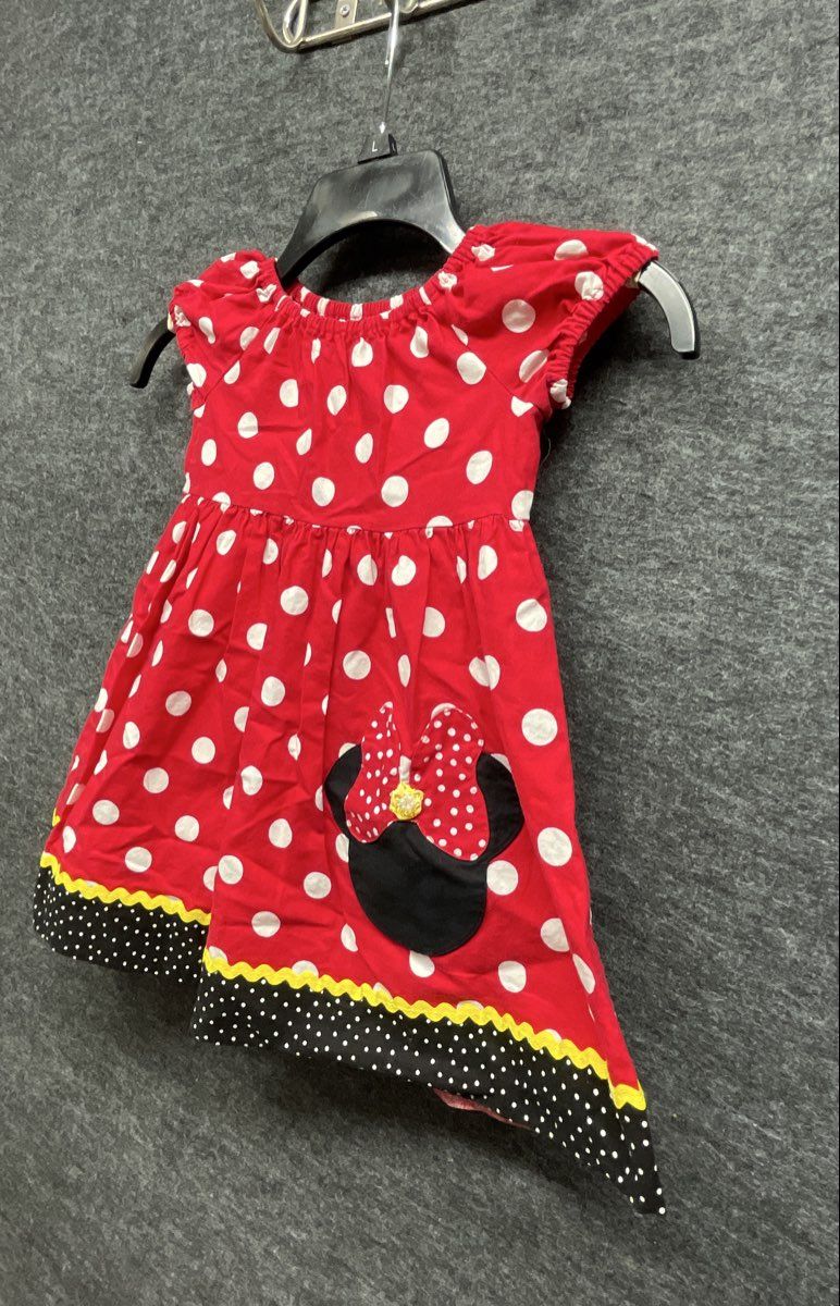 Girls Minnie Mouse Red Polka Dot Dress & Blue Floral Ric Rac Trim Dress Lot
