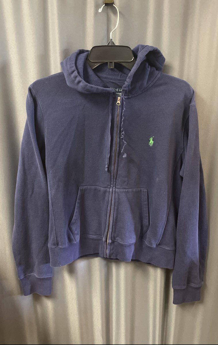 Vintage Y2K Ralph Lauren Men's Navy Blue Zip Up Hoodie Green Pony Logo Sz L