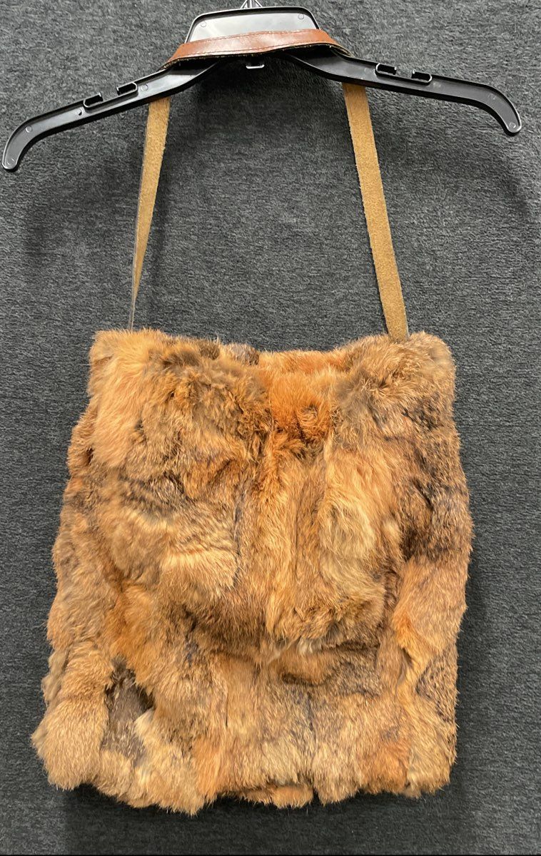 Vintage 1970s Brown Real Fur Shoulder Bag Handbag Leather Strap