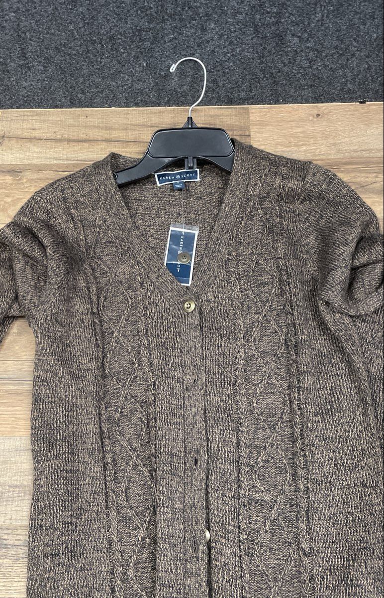 Karen Scott Women's Cardigan Brown Marled Cable Knit Longline Sz S NWT