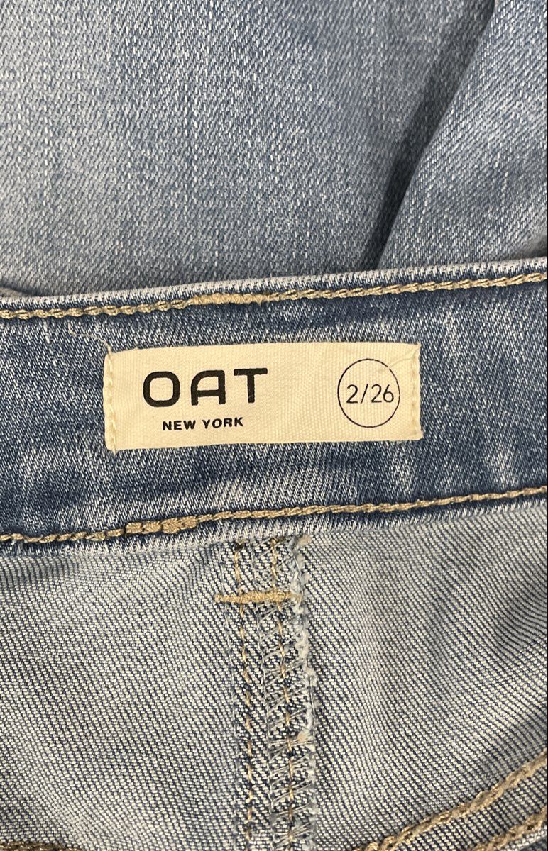 OAT New York Women's Light Wash Denim Midi Skirt Front Slit High Rise Sz 2/26