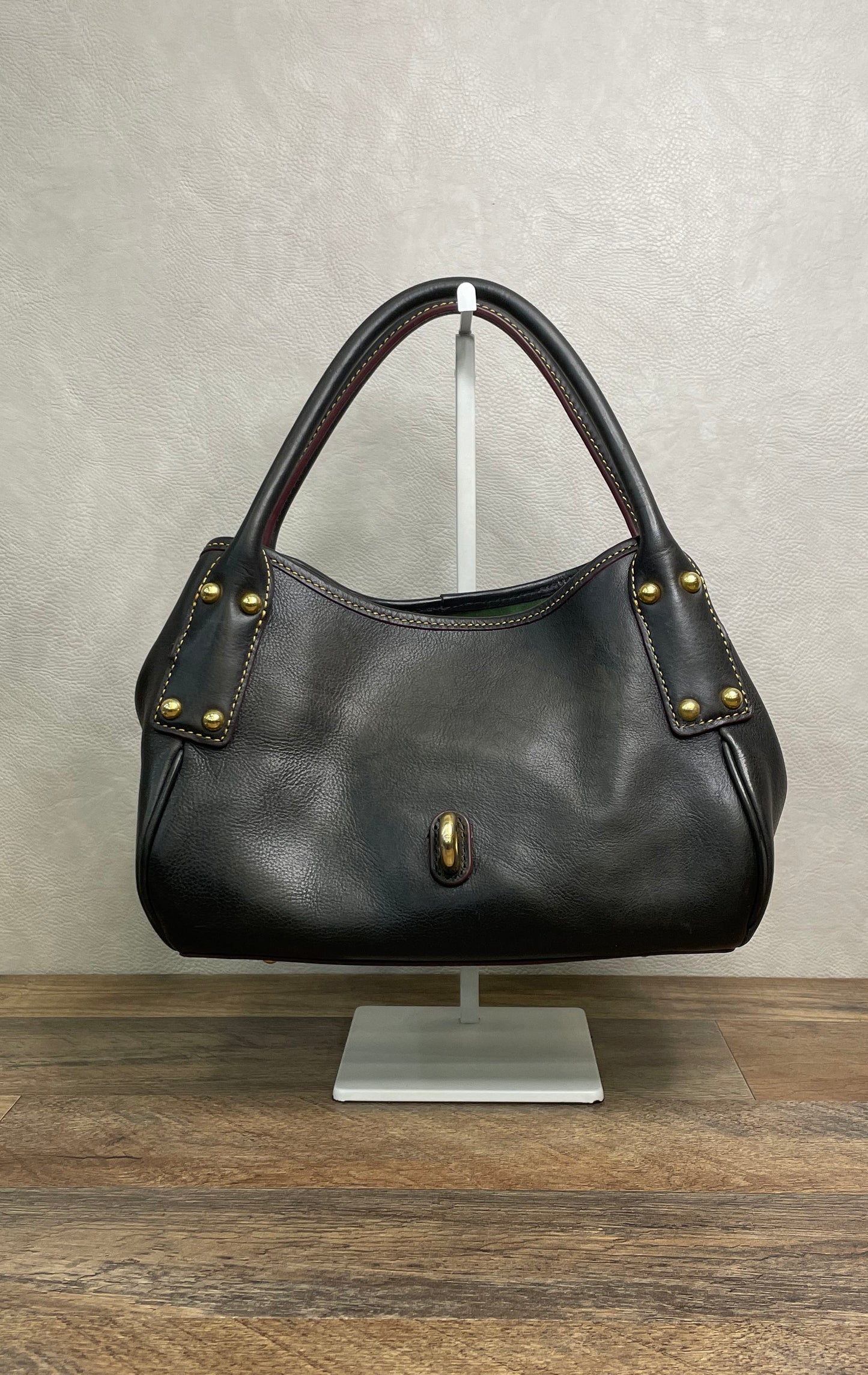 Dooney & Bourke Black Pebbled Leather Satchel Bag Brass Hardware Red Lining