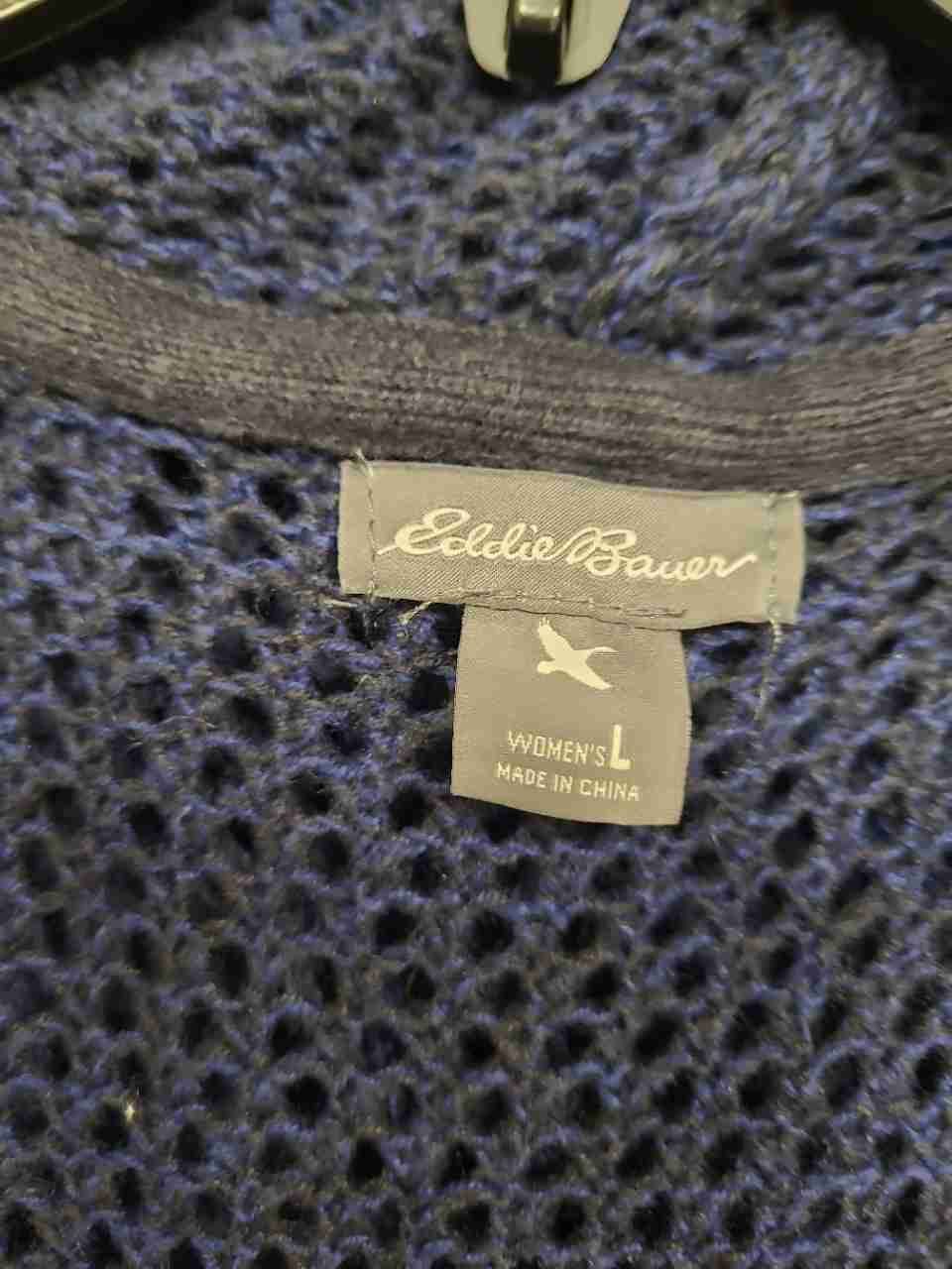Eddie Bauer Women's Cardigan Blue Hooded Open Front Linen Cotton Knit Pockets L