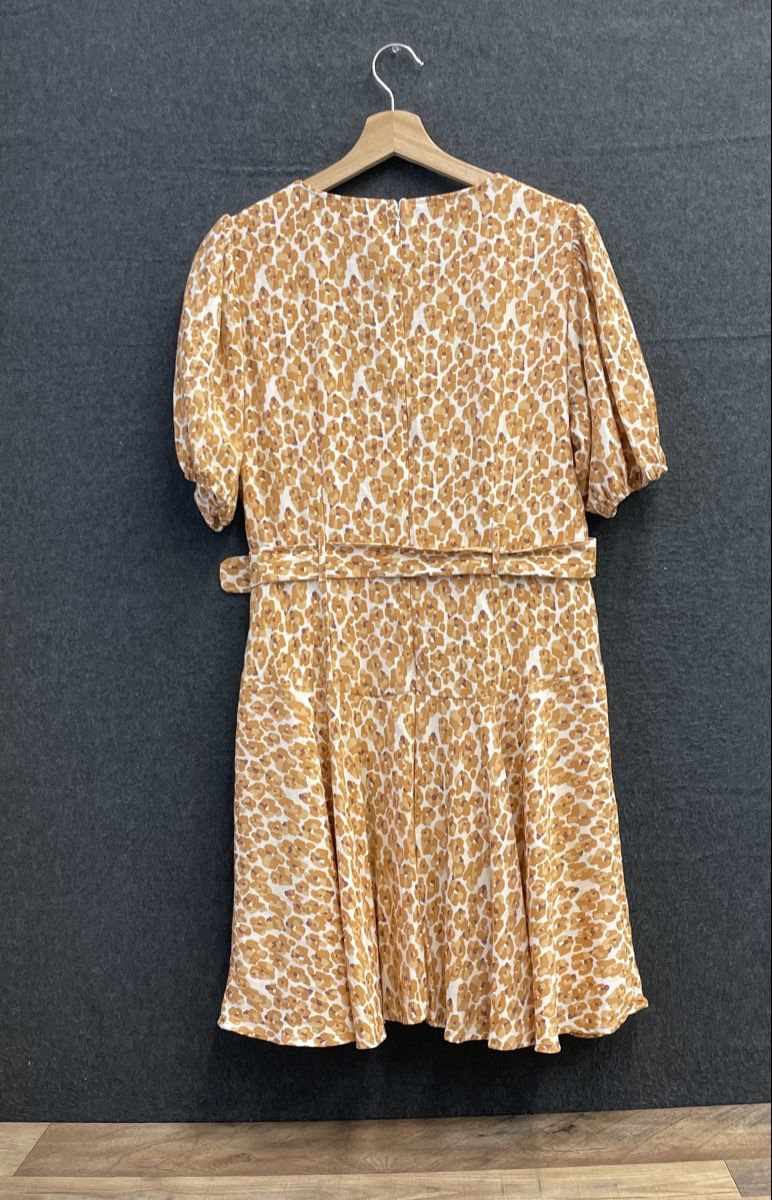Nine West Women's Belted Dress Tan Leopard Print Short Puff Sleeve Size L