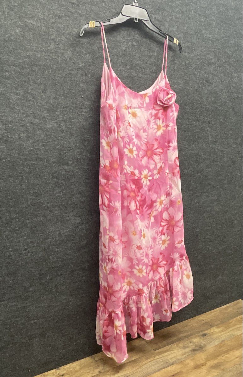 Vintage Y2K Donna Ricco Women's Pink Floral Ruffle Hem Spaghetti Strap Dress 14