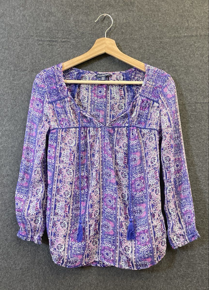 American Eagle Women's Paisley Blouse Purple Metallic Semi-Sheer Tassels Sz XS