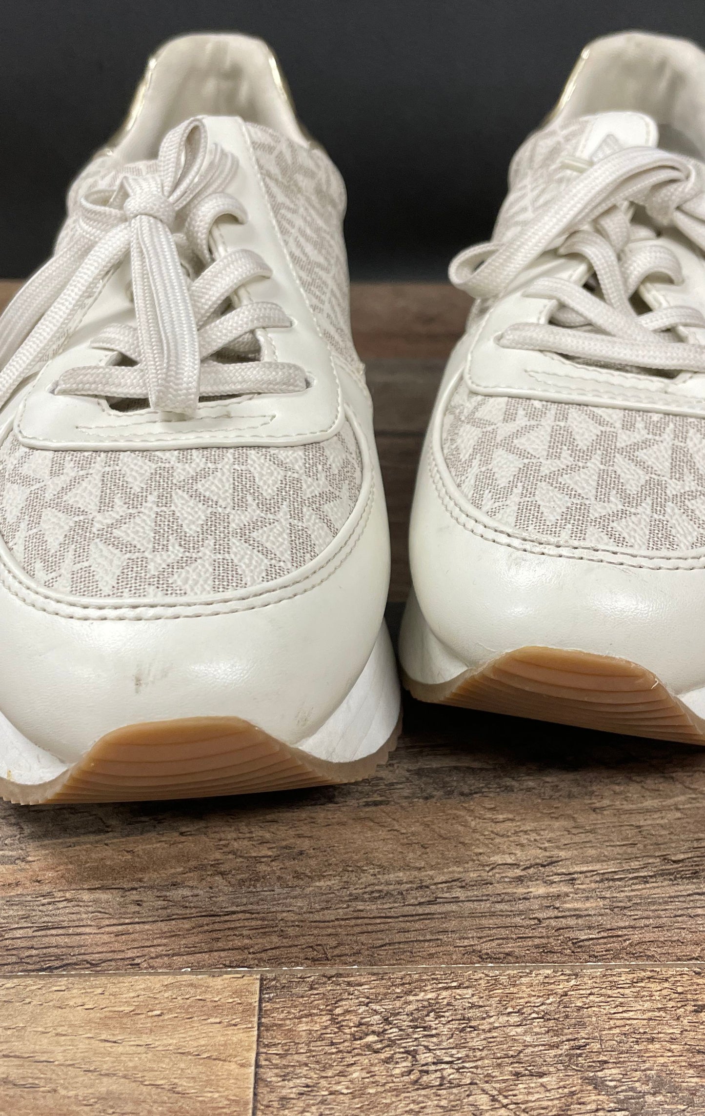 Michael Kors Monique MK Logo White Gold Platform Trainer Sneakers Size 9.5