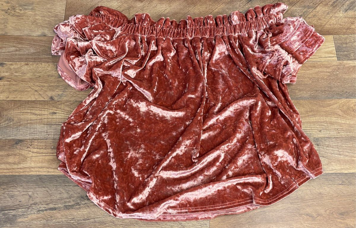 Umgee Women's Mauve Crushed Velvet Off-the-Shoulder Ruffle Sleeve Top Sz XL