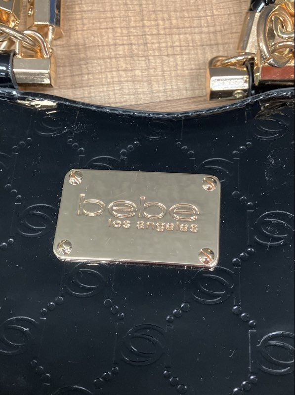 Bebe Black Patent Embossed Logo Satchel Handbag Gold Tone Hardware