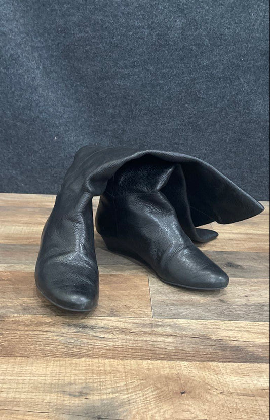 Iden Black Leather Wedge Slouch Buckle Boots Women's Size 7.5 M