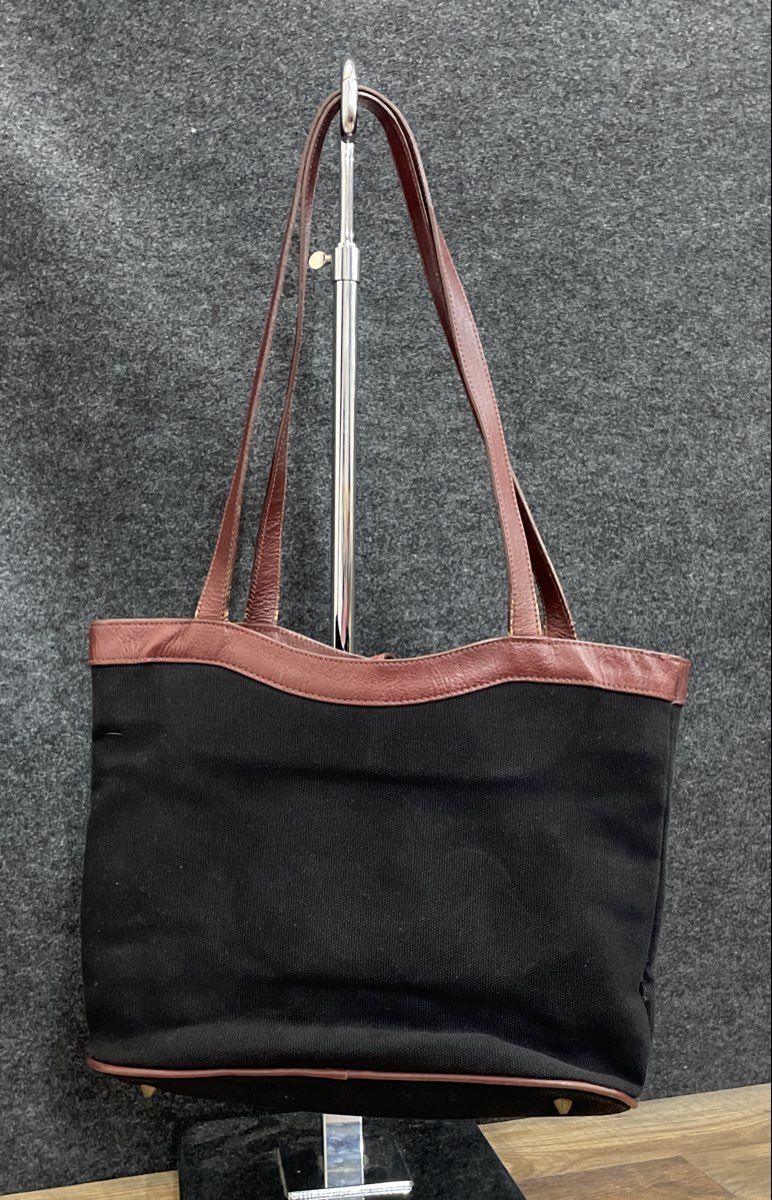 Vintage Scala Black Fabric Brown Leather Tropical Pineapple Palm Tree Tote Bag
