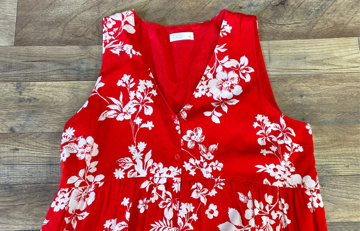 Lauren Conrad Women's Red Floral Ruffled Mini Dress Sleeveless V-Neck Size L
