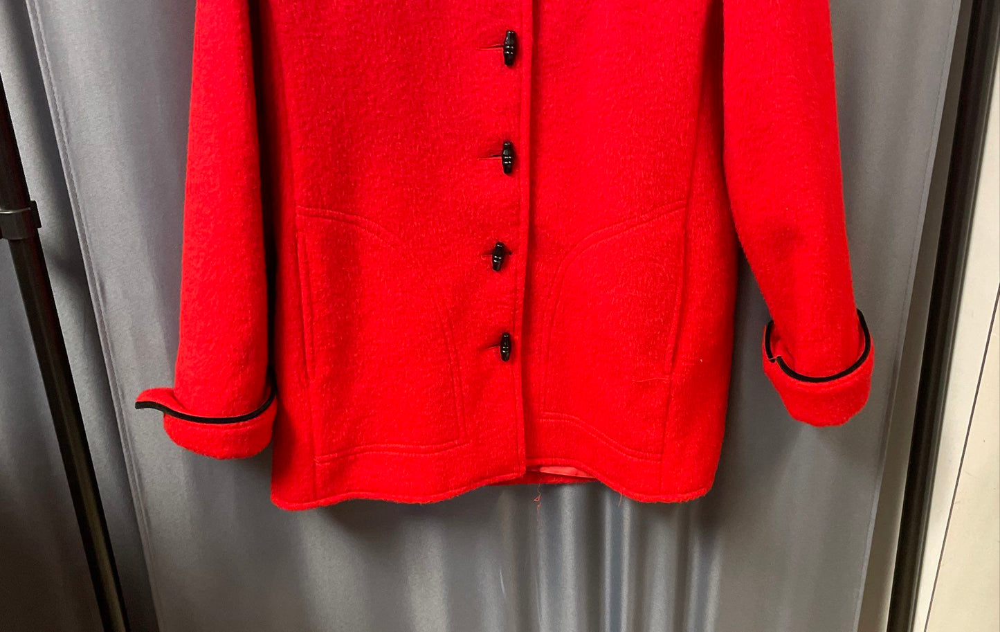 Vintage 90s Women's Red Wool Mandarin Collar Toggle Button Car Coat Sz S/M