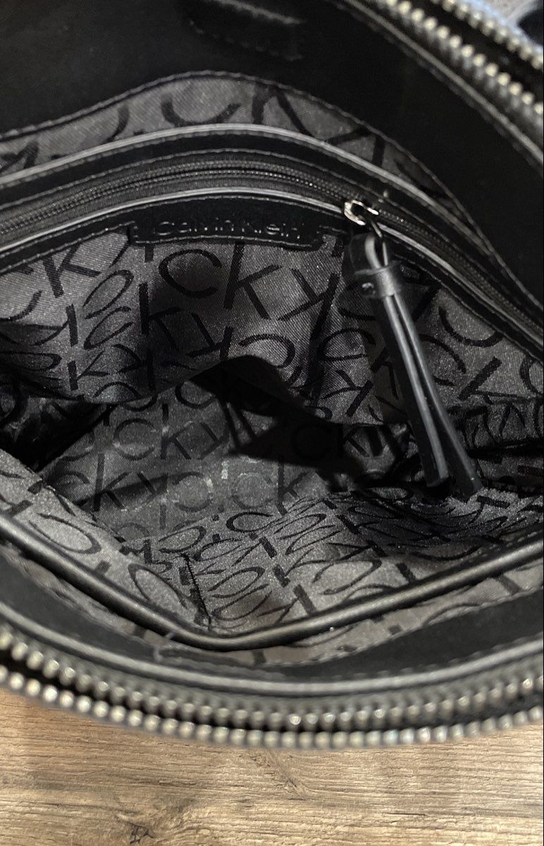 Calvin Klein Blue Monogram Fabric Satchel Crossbody Bag CK Logo Gold Hardware