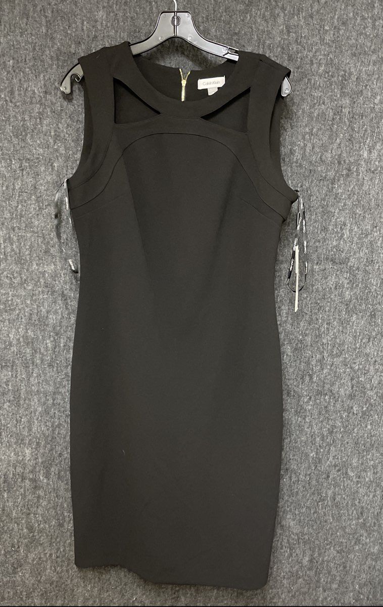 Calvin Klein Women's Black Cut-Out Strappy Sheath Dress Gold Zip Sz 12