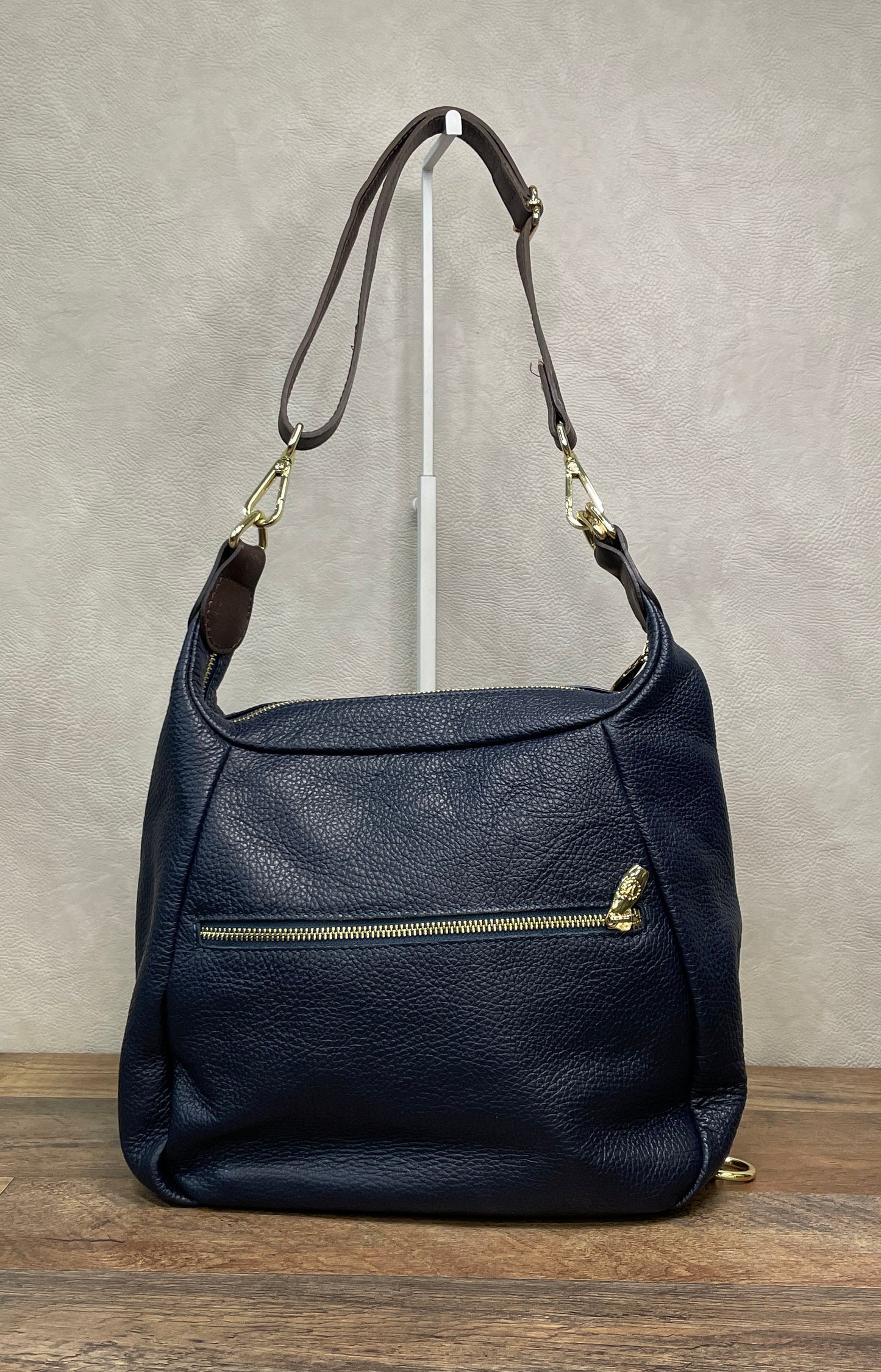 Valentina Navy Blue Pebbled Leather Shoulder Bag Gold Hardware Made in Italy