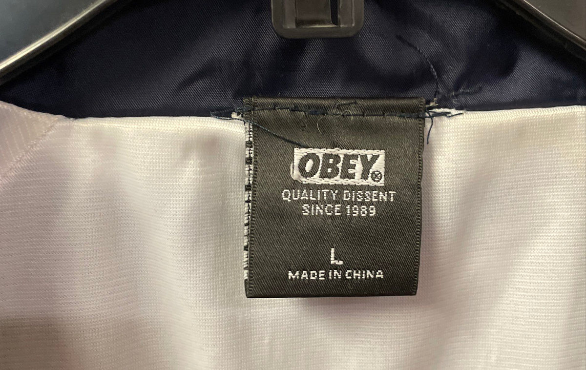 Obey Men's Navy Blue Nylon Coach's Jacket Worldwide Propaganda Graphic Sz L