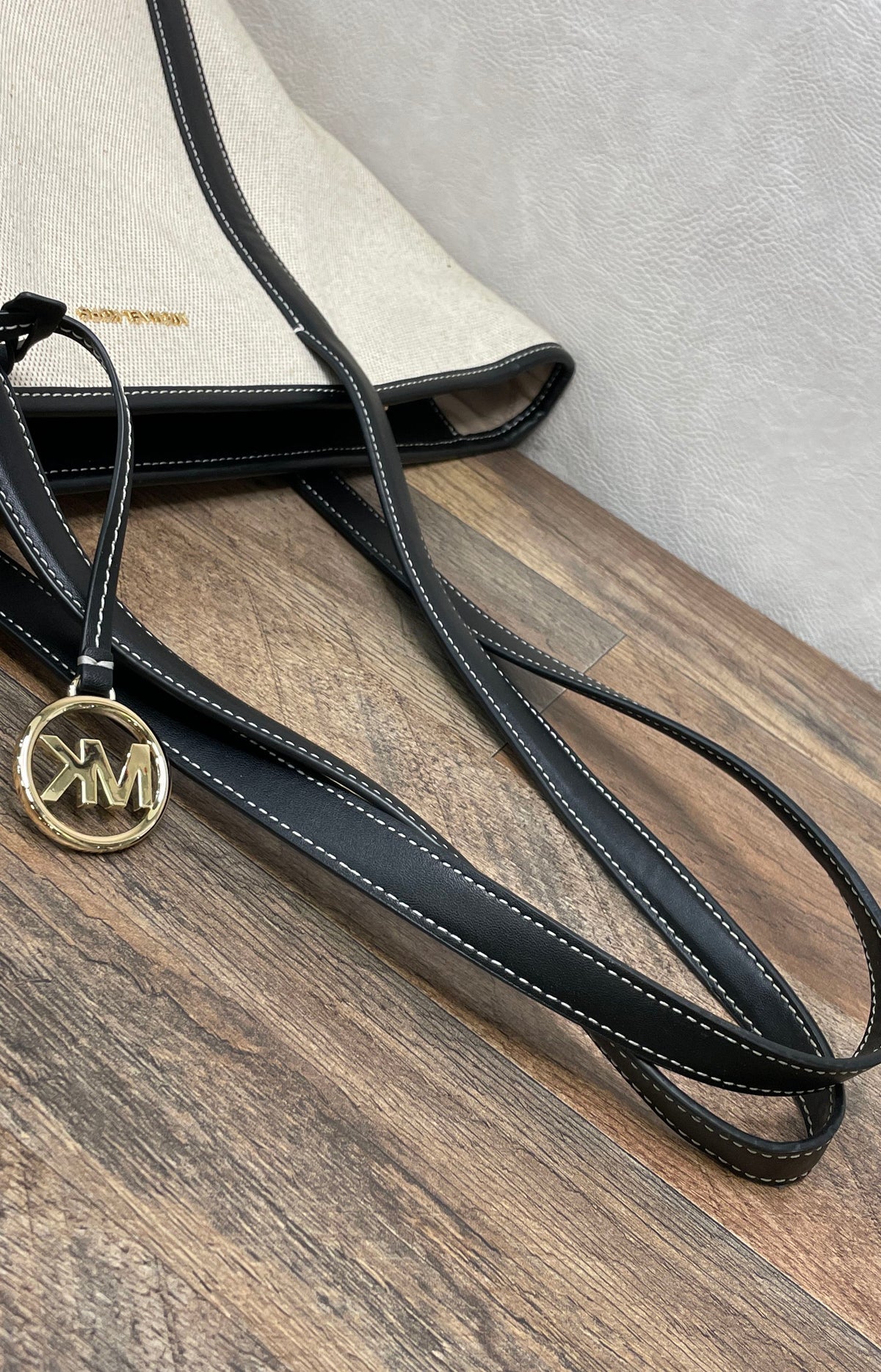 Michael Kors Off-White Canvas Black Leather Trim Zip Top Tote Bag Gold Tone