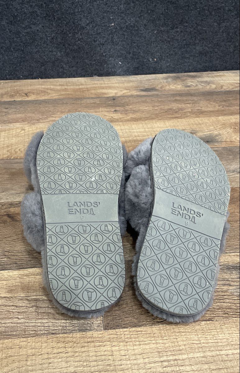 Lands' End Women's Grey Fuzzy Cross Strap Slides Size 9