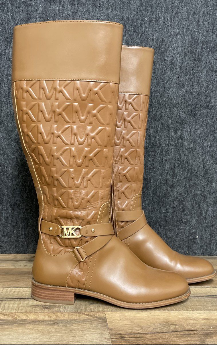 Michael Kors Kincaid Tan Leather Monogram Riding Boots Size 8
