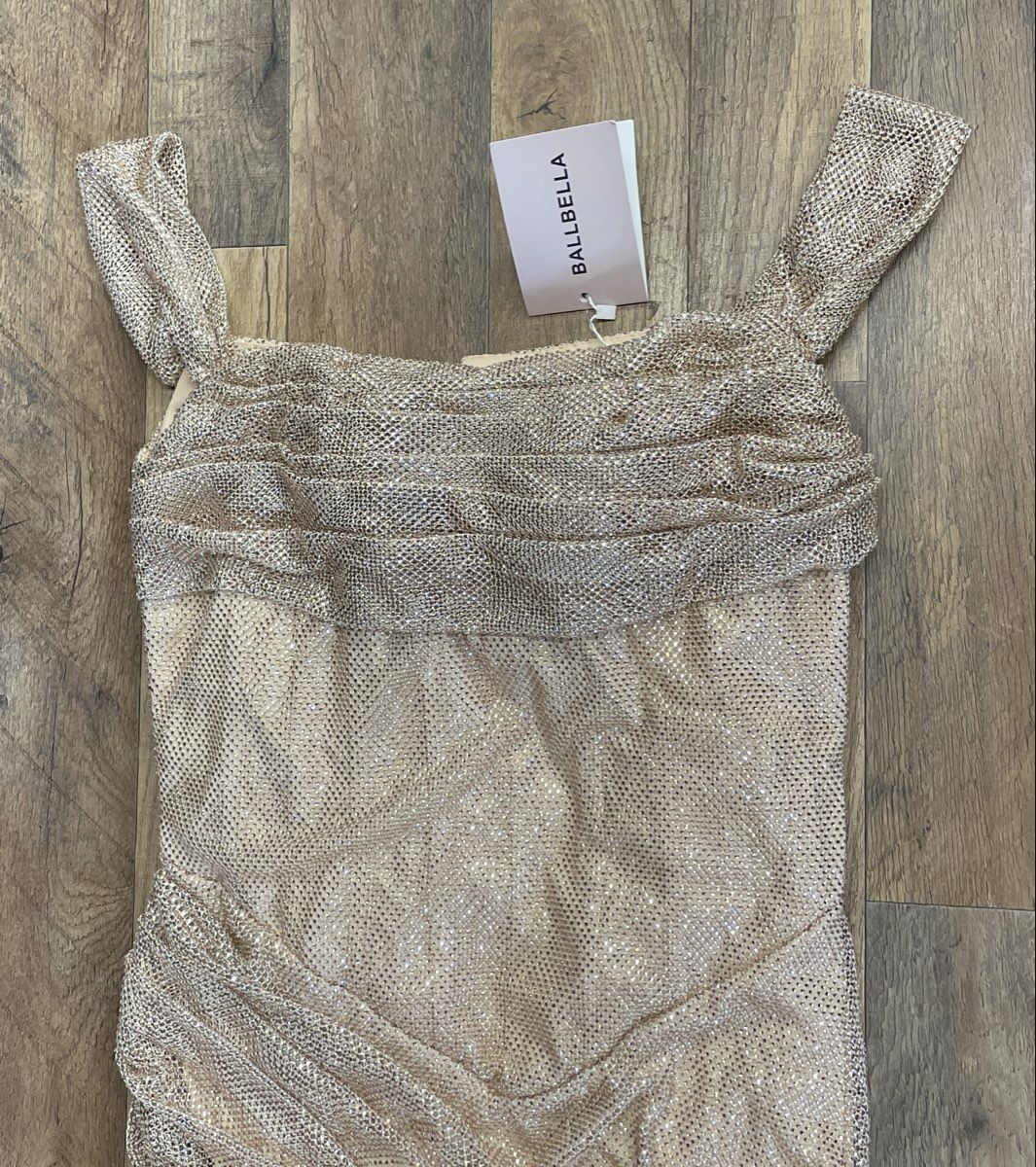 Ballbella Women's Rose Gold Sparkling Metallic Ruched Draped Gown NWT