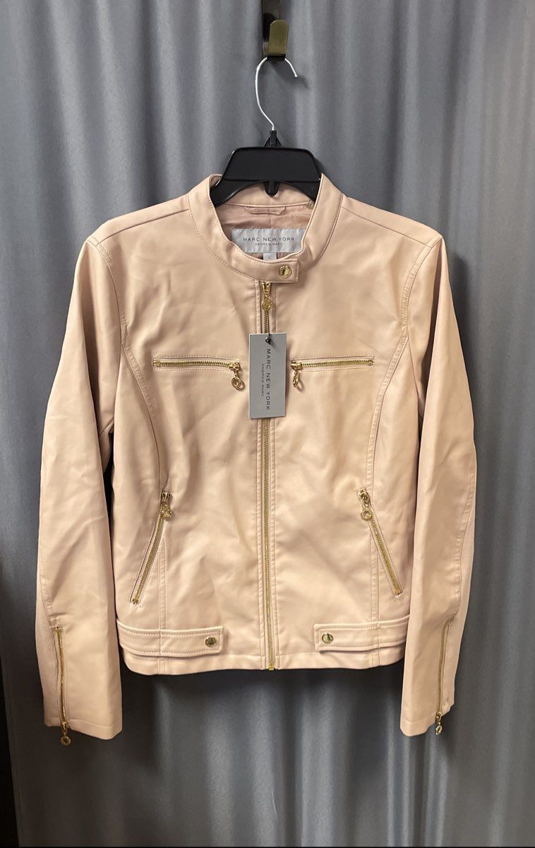 Marc New York Andrew Marc Women's Champagne Faux Leather Moto Jacket NWT Sz L