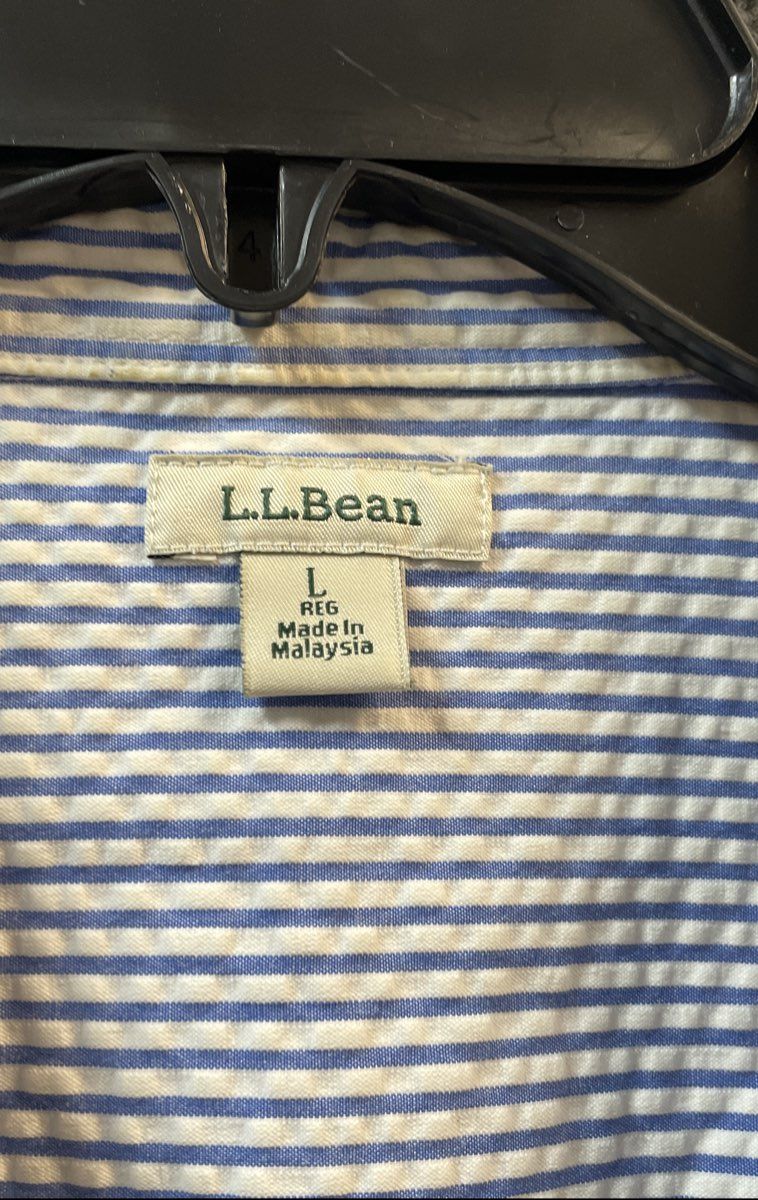 L.L. Bean Women's Blue White Striped Seersucker Button Down Shirt Size L
