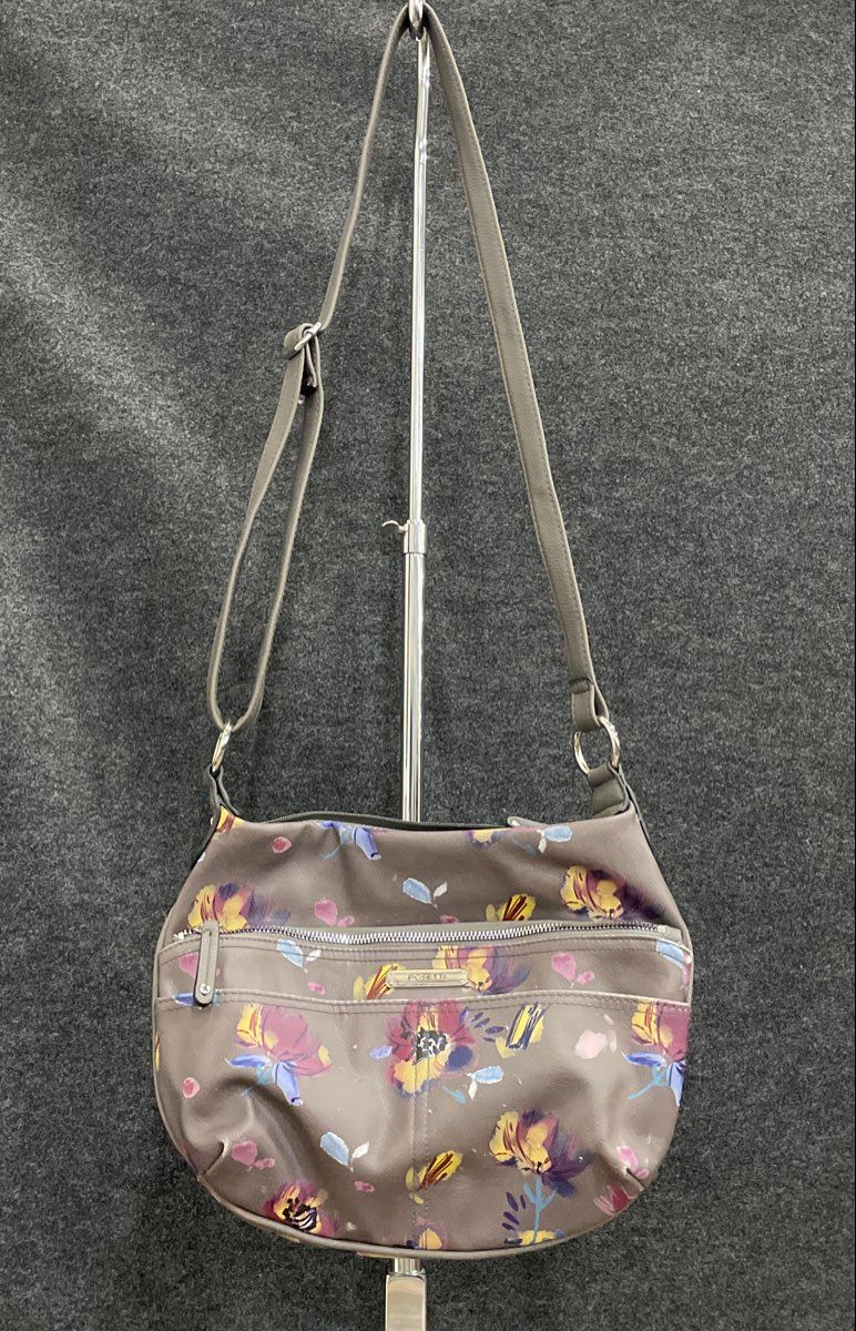 Rosetti Grey Floral Leather Crossbody Shoulder Bag Silver Tone Hardware