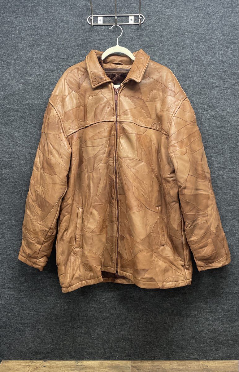 Vintage Legacy Men's Tan Patchwork Leather Full Zip Jacket Faux Fur Lined Sz 4XL
