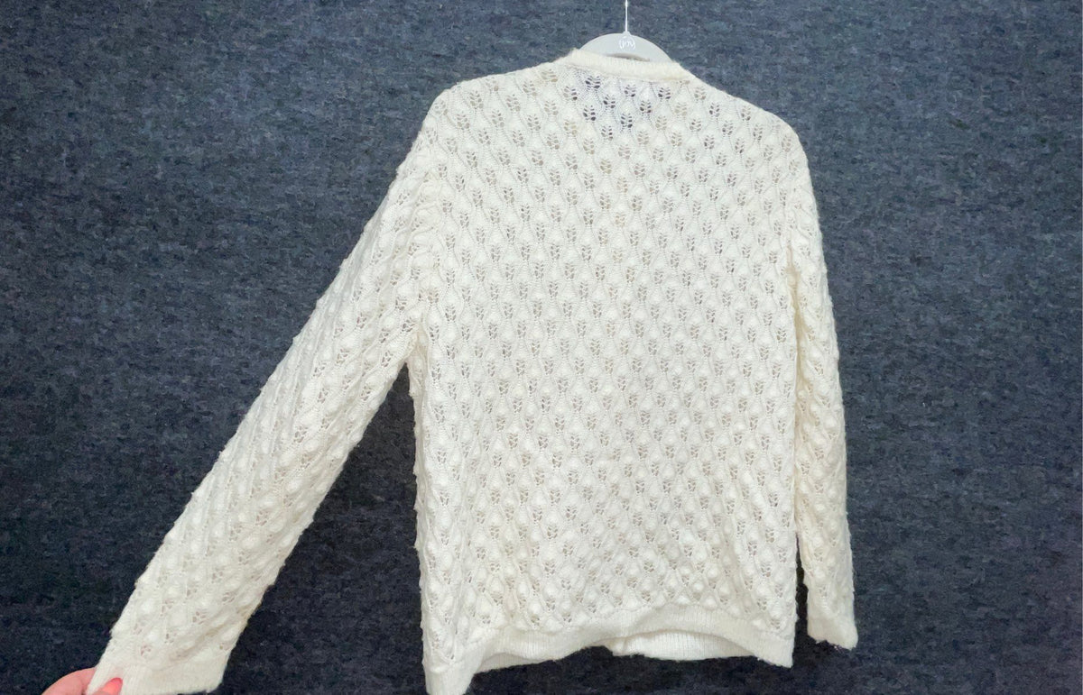 Vintage 60s Boepple White Pointelle Knit Cardigan Sweater Orlon Acrylic Sz M