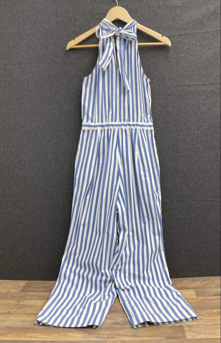 J.Crew Women's Blue White Striped Cotton Halter Neck Wide Leg Jumpsuit Size 00
