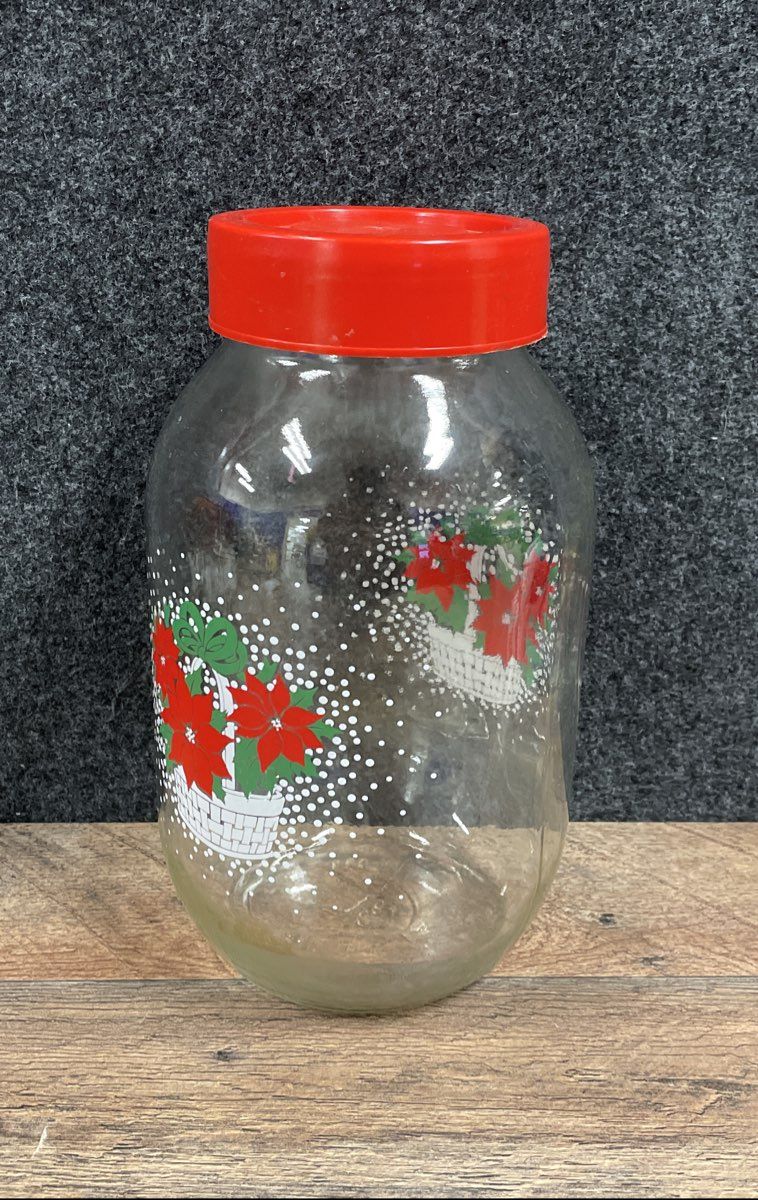 Vintage Carlton Glass 3L Cookie Jar Poinsettia Basket Christmas Holiday USA