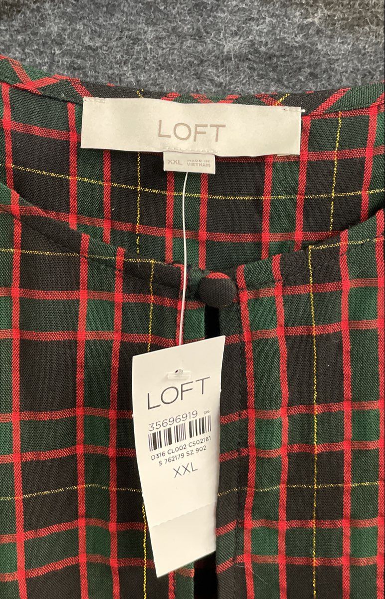 Loft Women's Plaid Metallic Puff Sleeve Keyhole Dress Red Gold Sz XXL NWT