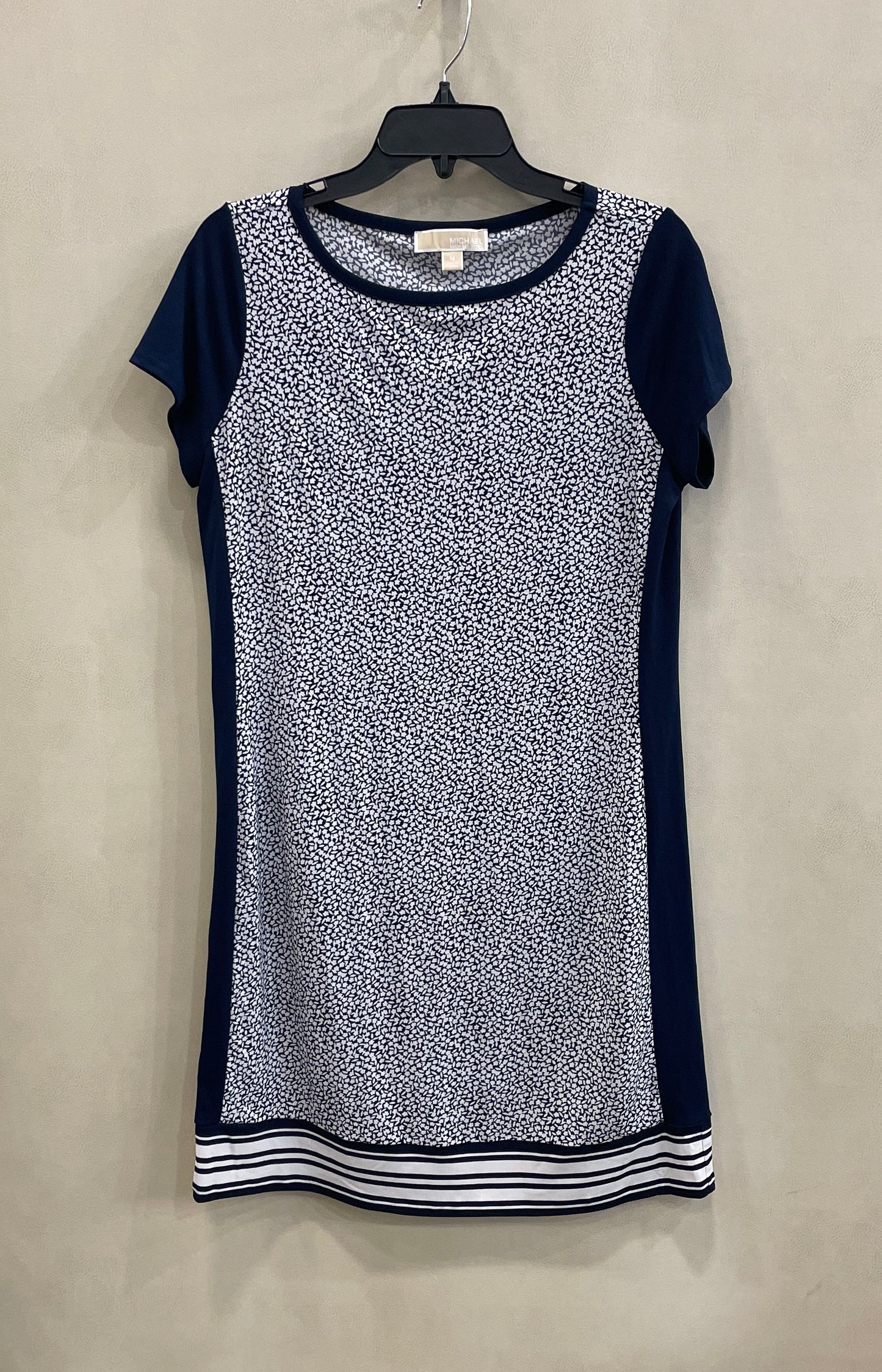 Michael Kors Women's Navy Blue White Floral Shift Dress Striped Hem Stretch Sz M
