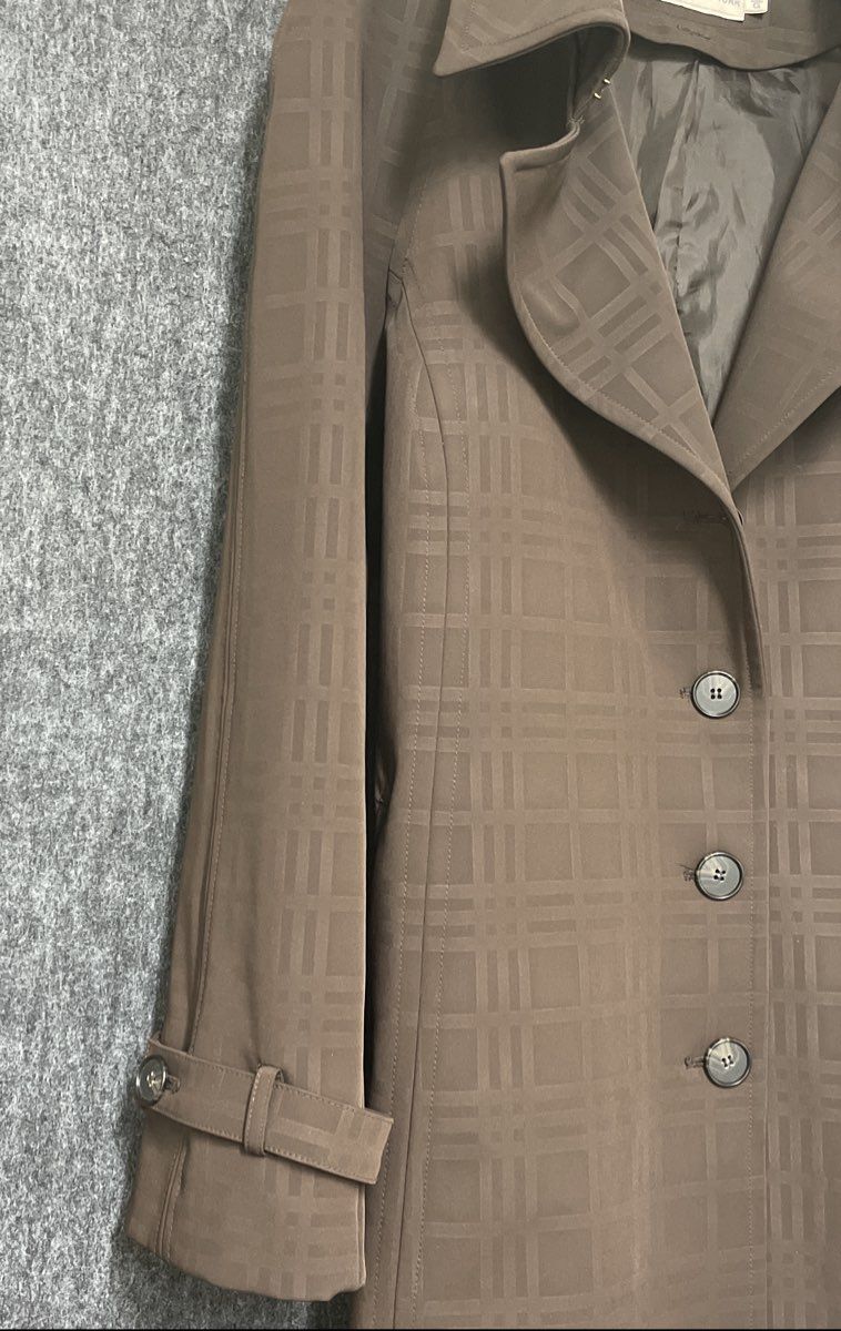 Hilary Radley Women's Chocolate Brown Tonal Plaid Belted Trench Coat Sz L