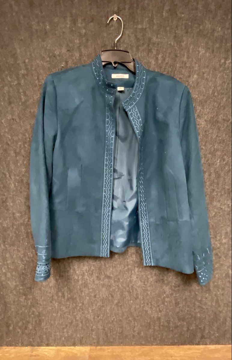 Dressbarn Women's Teal Faux Suede Embroidered Open Front Mock Neck Jacket XL