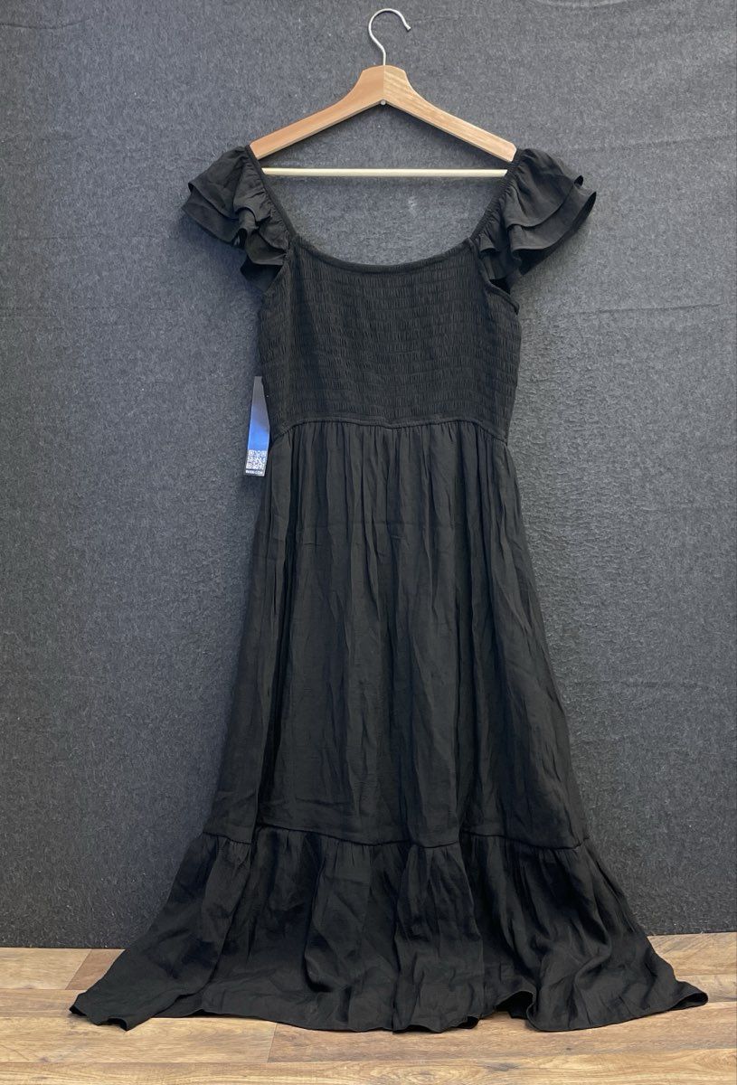 Trixxi Women's Black Lace Up Ruffled Smocked Midi Dress NWT Sz L
