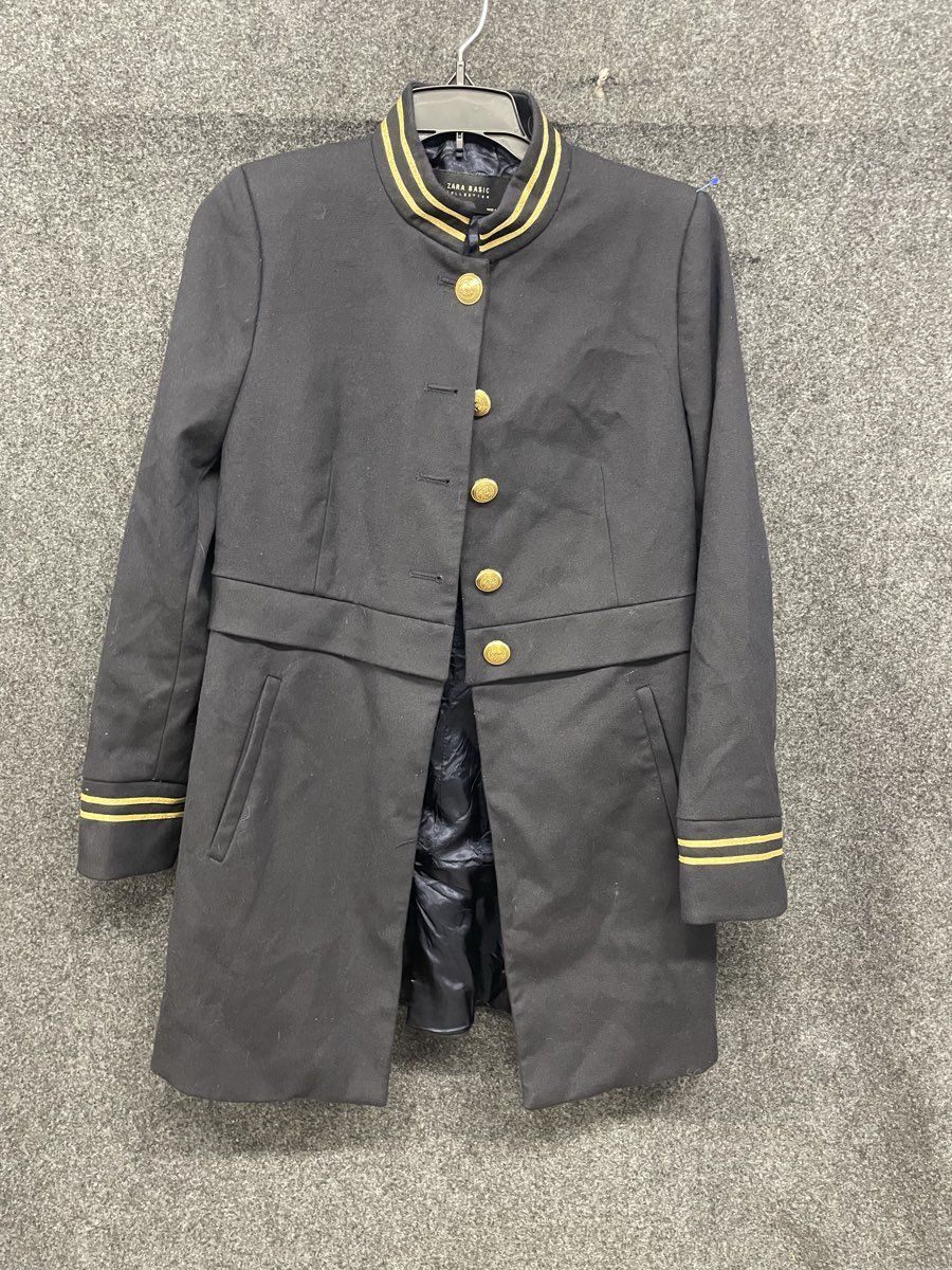 Zara Women's Black Military Band Jacket Gold Braided Crest Button Sz M
