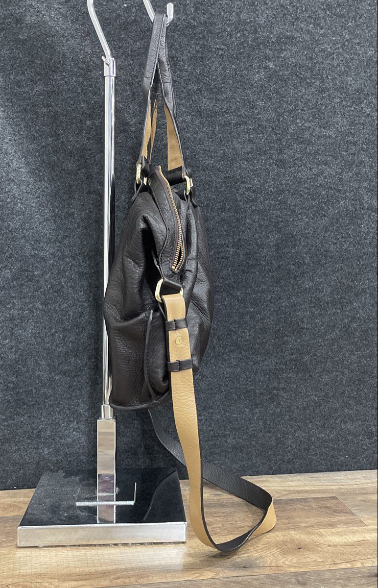 Brown Pebbled Leather Tote Satchel Bag Gold Hardware Adjustable Strap Large