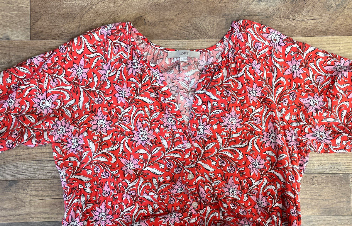 LOFT Women's Red Floral Button Up Tiered Ruffled Hem Midi Dress Sz L