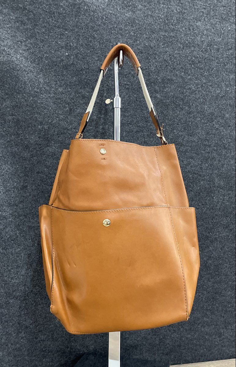 Large Brown Leather Hobo Tote Bag Woven Canvas Strap Gold Tone Hardware